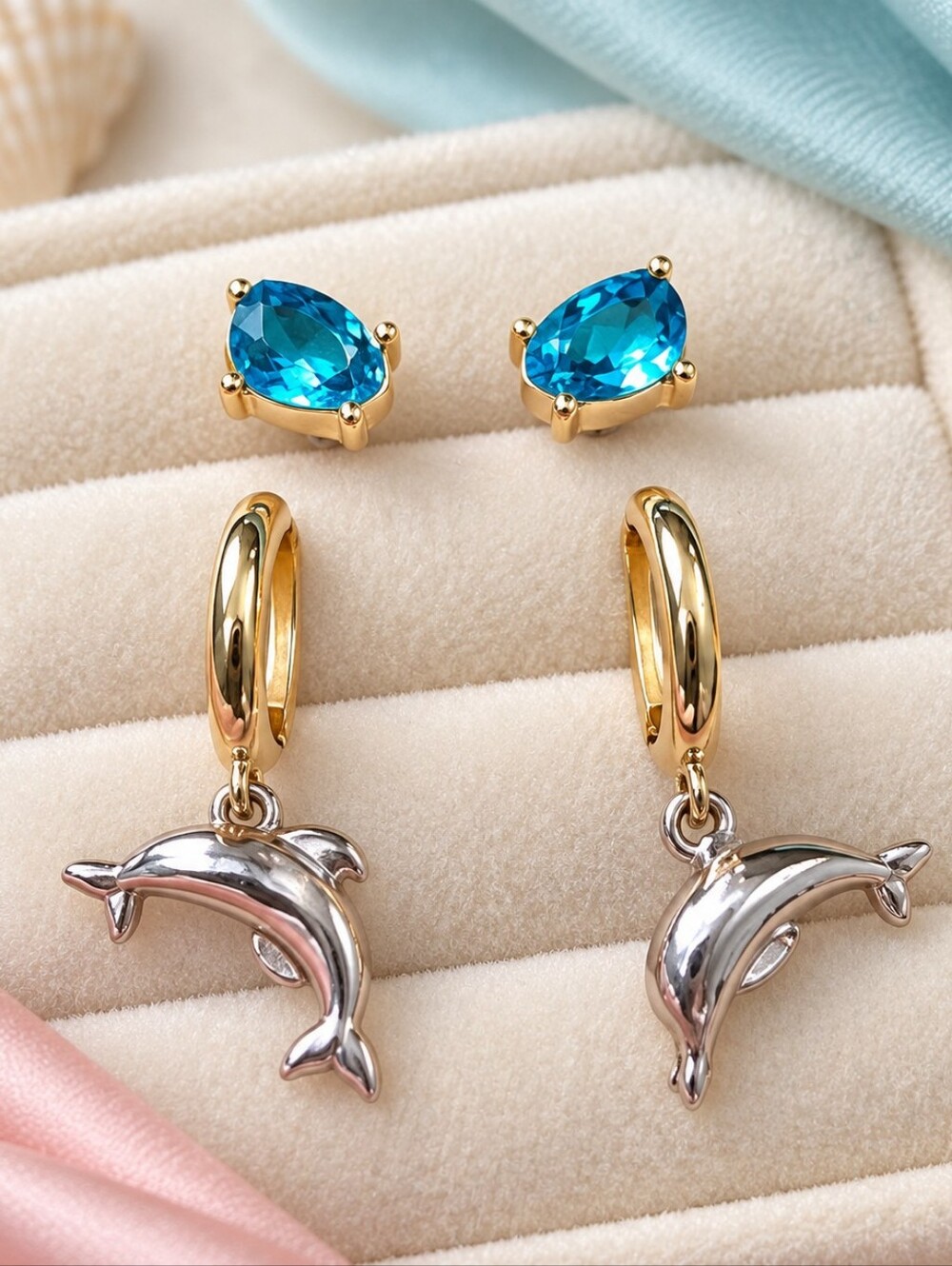 Betsey Johnson Teal Heart Stud & Dolphin Hoop Earring Set 2 Pairs, NWT